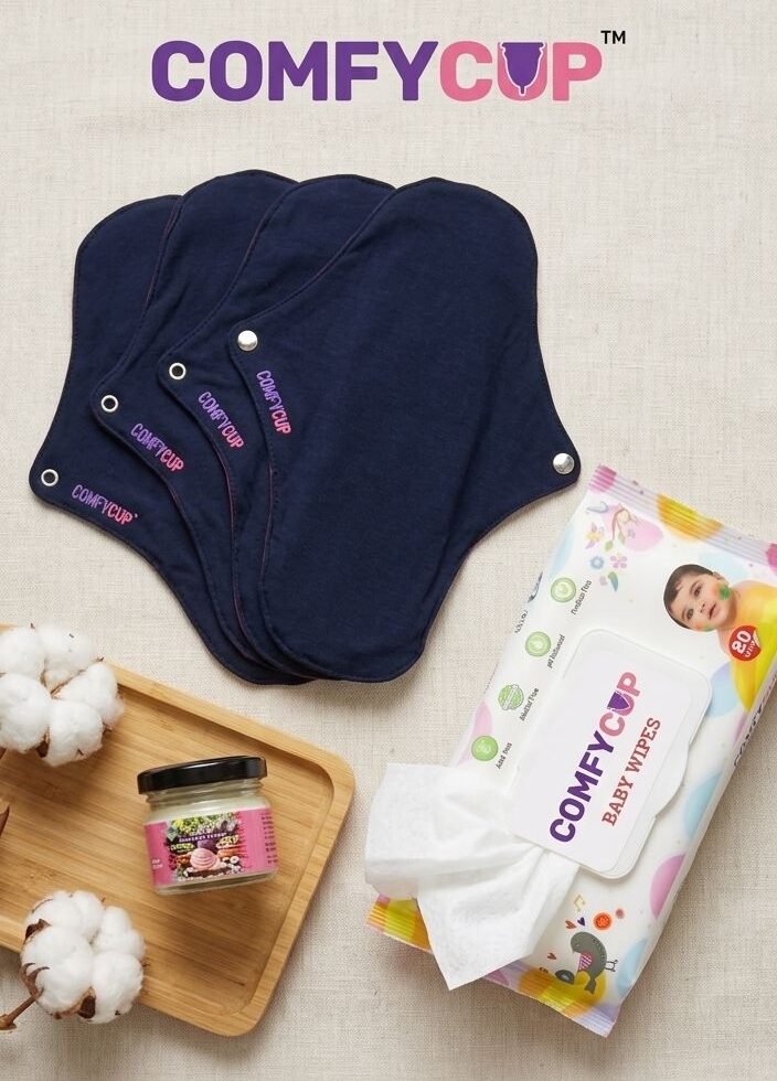 New Mom Essential Kit – 4 Reusable Cloth Pads + 80 Baby Wet Wipes + Natural Nipple Cream (Kokum Butter & Virgin Coconut Oil)